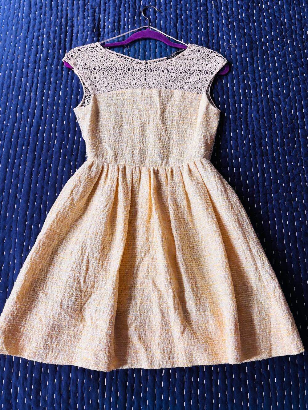 Crochet Fit and Flare Dress XS Butter Yellow Tea Length Rush Sorority Homecoming